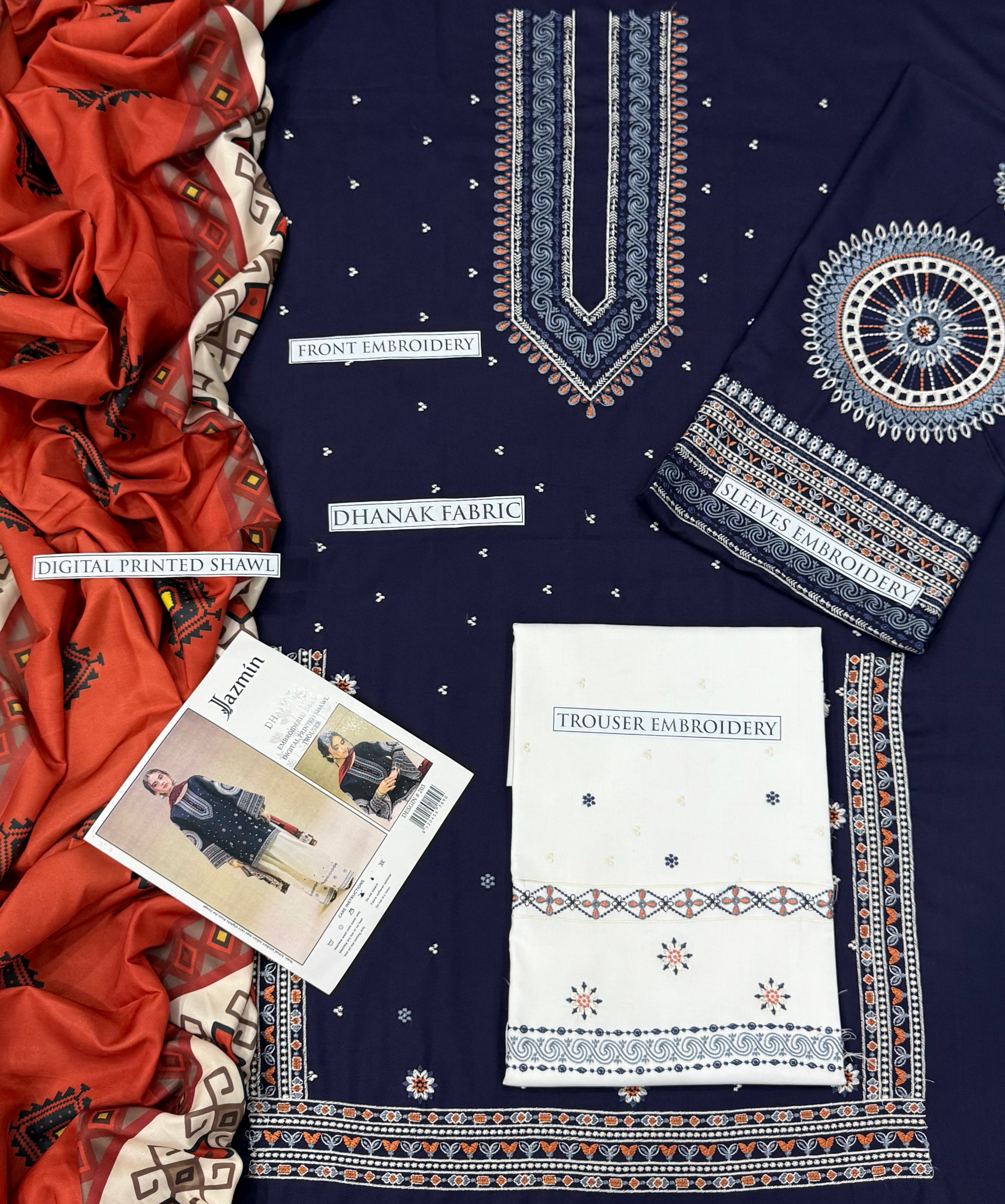 JAZMIN Embroidered Dhanak Unstitched 3Piece D-001